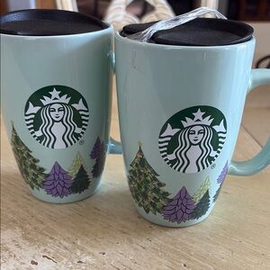 Starbucks Green and Purple Tree Mugs